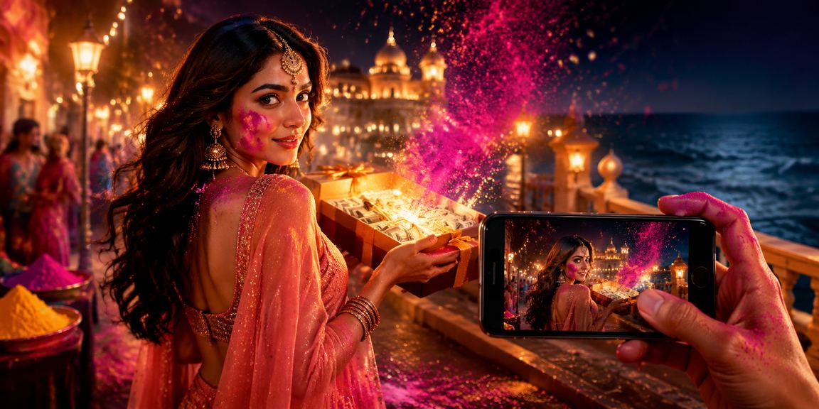 Mobile casino player celebrating Holi festival in India